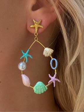 Sea Shell Drop Hoop Earrings - Gold with Pastel Accents